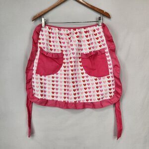 Half Apron Pink Hearts Ruffles Pockets Cooking Kitchen Valentines Baking Cottage